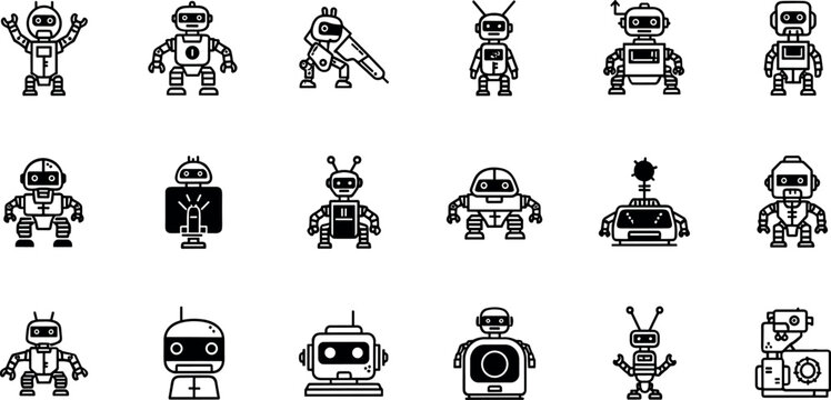 Cute robot character icon set featuring various friendly android designs in minimal outline style for technology and ai applications