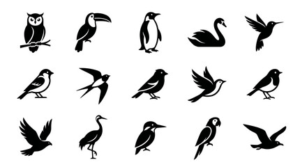Fototapeta premium set of black bird silhouettes including owl toucan penguin swan and hummingbird isolated on white background, concept for nature logo design, wildlife branding and educational materials
