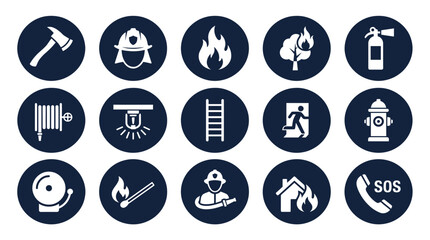 Fototapeta premium White firefighting and fire safety icons in dark blue circles including extinguisher hydrant axe and alarm bell, concept for emergency response training, workplace safety and fire prevention