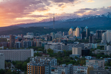 Fototapeta premium A quadcopter view of Almaty, Kazakhstan, on a spring morning.