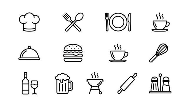 Minimalist black outline restaurant and kitchen equipment icon set isolated on white background, concept for restaurant menu design, catering service branding and culinary app interface