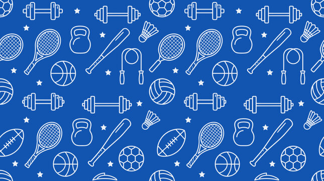 White line art sports icons seamless pattern featuring dumbbells and rackets on blue background, concept for gym wall wallpaper, athletic apparel textile design and fitness website backdrop