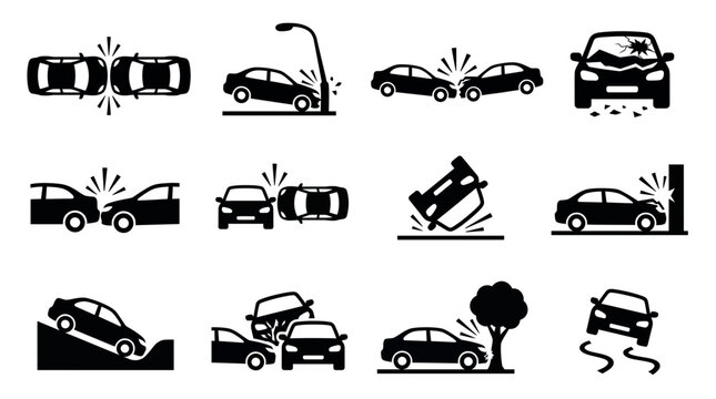 Set of car accident and vehicle collision icons showing various road crash scenarios in black silhouette style, concept for insurance claims, road safety awareness and automotive emergency services