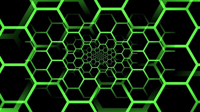 Green hexagonal tunnel creates an infinite zoom through glowing geometric shapes in a dark void.