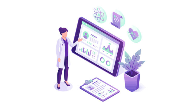 Female medical researcher analyzing healthcare data on digital tablet with charts and patient information, concept for healthcare analytics, medical research and digital health data