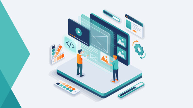 Isometric UI designers and frontend developers building website interface with code and color palette on tablet, concept for website development, app design and software engineering