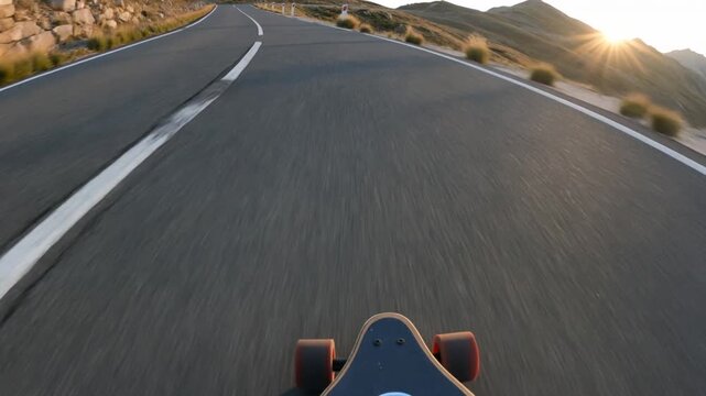 First person skateboard POV bombing an empty mountain road through sharp corners and rushing air
