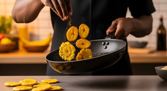 Professional chef flipping crispy fruit chips in a hot black skillet