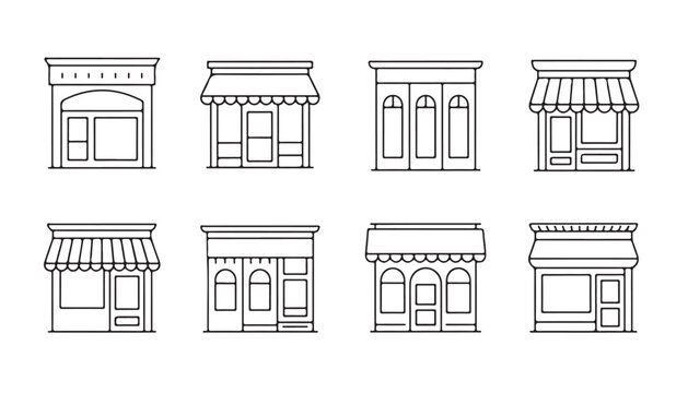 Set of eight storefronts with awnings and windows in line art style