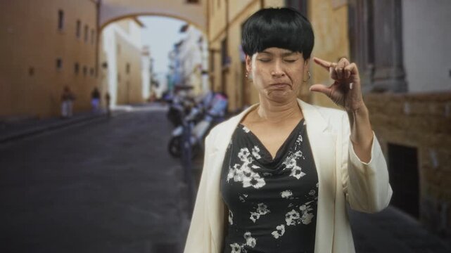 Woman pinches fingers to indicate small size while standing on a narrow street with archway and scooters; skepticism.