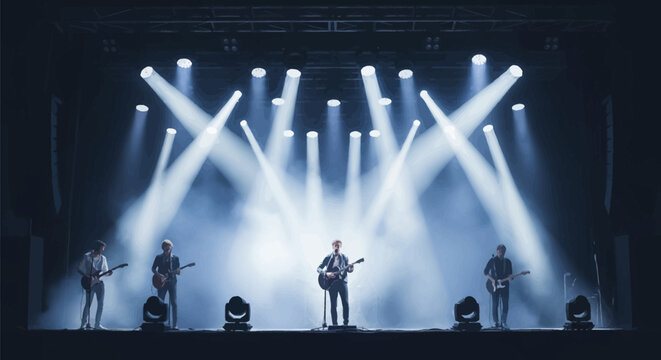 Live rock band performance on stage with musicians playing electric guitars under bright white spotlights and heavy smoke haze during a concert in a dark auditorium theater venue.