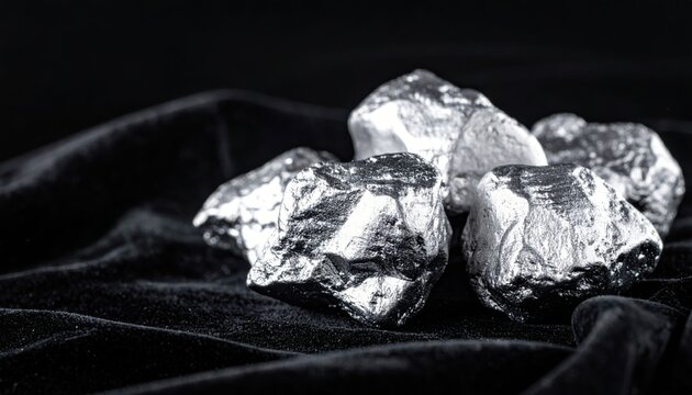 Gleaming silver ore chunks, irregular and metallic, deliberately placed on dark black velvet fabric, showcasing raw metallic texture and reflections.