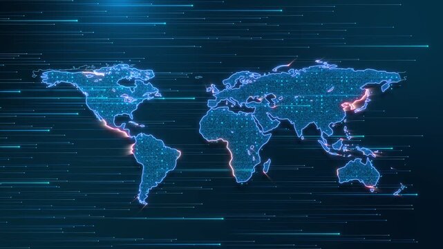 Digital World Map Made of Dots High Speed Light Trails stylized map of the world composed of pixels fast moving data streaks. fintech, global logistics, news tickers, statistical data visualization.