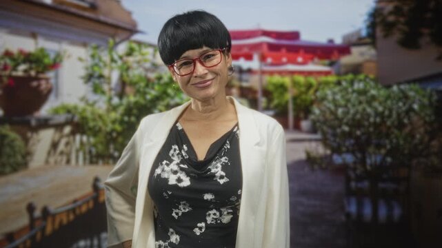 Woman with red glasses smiling, hand on hip, wearing white blazer and floral dress, short black bob haircut in studio; approachable confidence.
