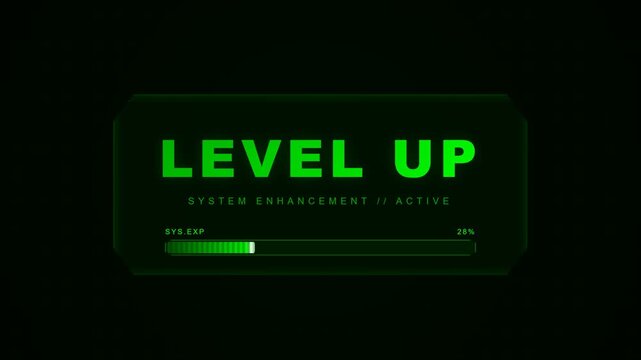 Illuminated green digital display showcasing 'LEVEL UP' with a progress bar indicating system enhancement actively advancing toward completion against a dark void, suggesting achievement