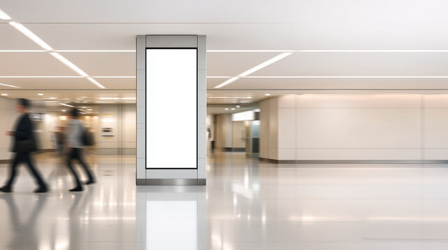 Blank Billboard in Modern Interior: A clean, blank billboard stands prominently within a contemporary interior space, offering a perfect canvas for your message. Captured in a public place.