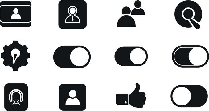 User interface and profile control solid icon set with toggle switches, search, settings, and account management symbols for apps
