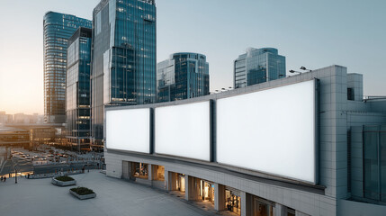 Obraz premium Urban Canvas: Modern blank billboards stand proudly against the backdrop of a bustling cityscape, ready to display captivating messages, and attract attention.