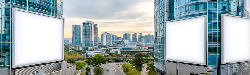 Fototapeta premium Skyline Billboard Spectacle: The city skyline provides a dynamic background, perfectly setting off blank billboards for impactful advertising. This creates a compelling visual contrast of modernity. 