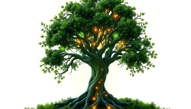 Biomechanical tree with glowing sap and integrated tech patterns, symbolizing harmony between nature and innovation, vibrant greens, no text