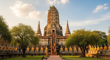 Naklejka premium Ancient Temple Ruins in Ayutthaya, Thailand, Under Cloudy Skies.