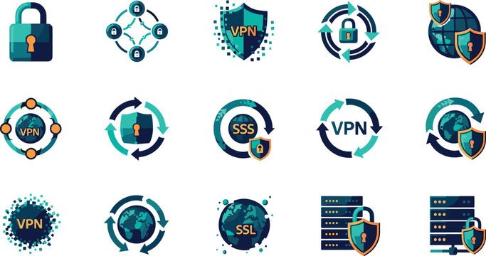 VPN and cybersecurity icon set featuring network encryption data protection secure connection and internet privacy symbols in modern flat style