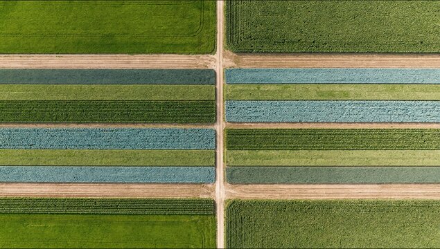 A top down aerial view shows perfectly straight rows of different vegetable crops separated by a narrow dirt path in a farm.