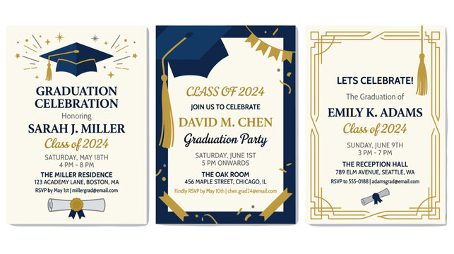 Elegant graduation party invitation templates with gold accents for class of 2024.