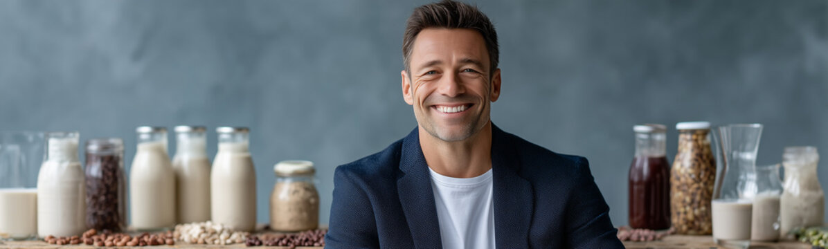 Healthy beverages and Contentment: A man stands proudly behind an array of healthy drinks, exuding a sense of contentment and well-being. Capturing the essence of health, nourishment.