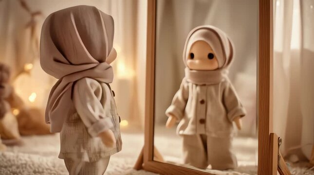 A plush doll in a full-length mirror view. The doll is wearing a tiny hijab and a buttoned pajama set, turning left and right to see its reflection