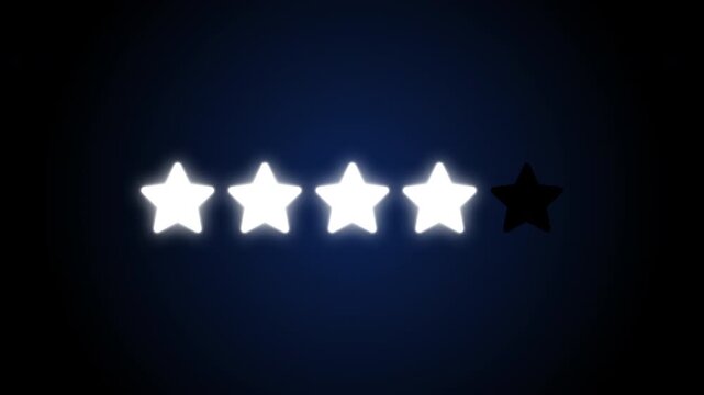 Glowing white 5 star rating reveal animation on dark background. Stars light up one by one. Perfect for reviews and social media reels