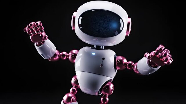 Cute white and pink robot dancing on dark background