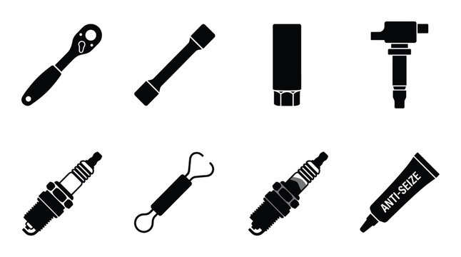 Spark plug replacement tool set icons featuring ratchet socket extension and ignition coil symbols