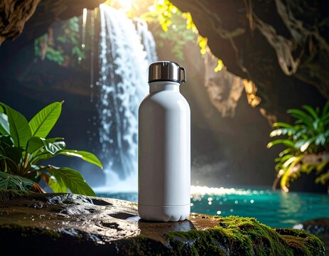 White bottle on wet rock with waterfall background and glowing sunlight beams through cave opening