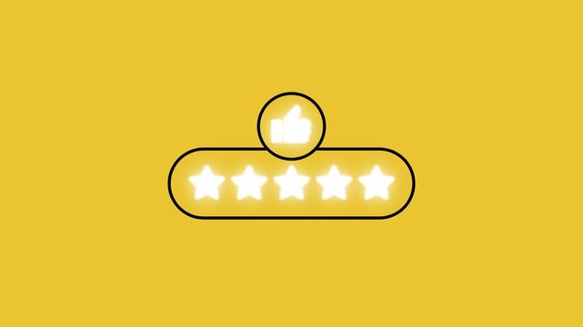Animated thumbs up with glowing 5 star rating badge on yellow background. Ideal for reviews, testimonials, and social media reels.