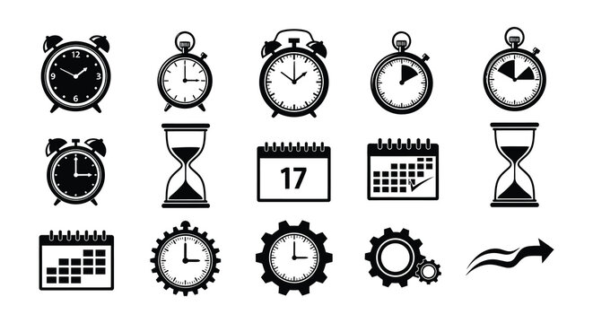 Collection of black and white timekeeping icons clocks calendars and hourglasses