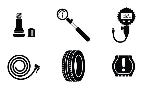 Tire pressure maintenance icons featuring digital gauge pump hose valve stem and warning light symbol