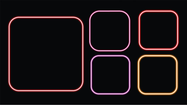 A black background displays six neon outlined frames in varying colors and shapes including squares rectangles and rounded rectangles high quality professional detailed modern elegant stylish