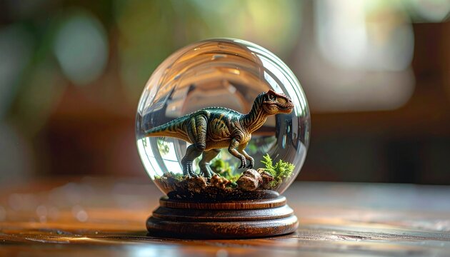 Small dinosaur inside a glass sphere on wooden table