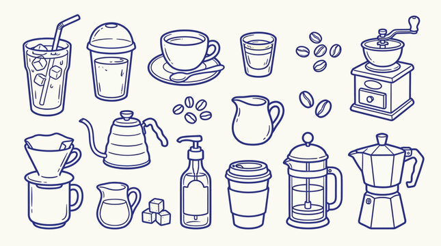 A charming hand-drawn illustration showcasing a variety of coffee-making equipment and beverages, perfect for cafe menus or culinary art.