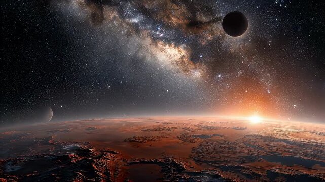 Earth and mars in outer space, solar system planets with milky way galaxy, dramatic astronomy background
