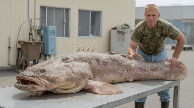 Fisherman and Fish: A fisherman stands proudly beside a colossal fish, its imposing size and unique features create a striking contrast.