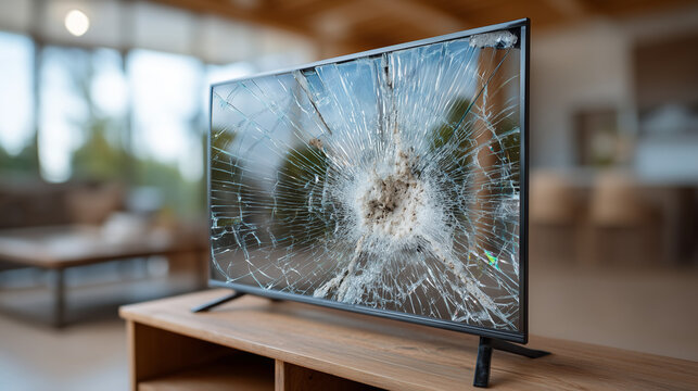 Broken Television Screen: A close-up shot of a modern television with a shattered screen, revealing a web of cracks and damage, symbolizing malfunction.