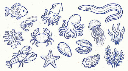 Fototapeta premium A charming collection of hand-drawn marine life illustrations, featuring a variety of sea creatures and underwater plants in a whimsical blue outline style.