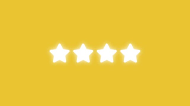 Animated 5 star rating reveal with glowing white stars on yellow background. Perfect for reviews, testimonials, and social media reels.