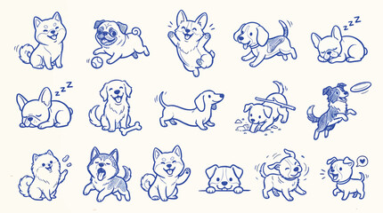 A charming collection of hand-drawn illustrations featuring a variety of adorable dogs in playful and sleepy poses, rendered in a simple blue line art style. © zainab