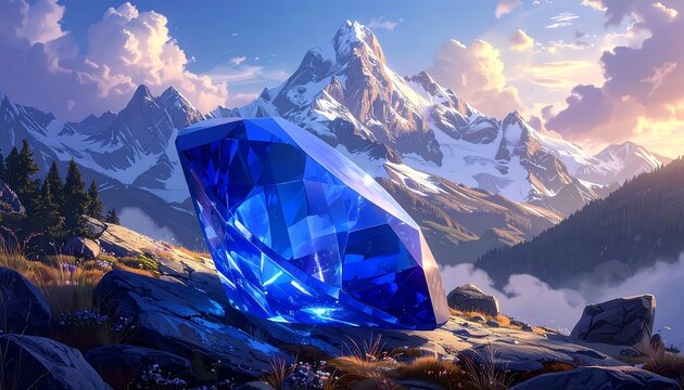 A colossal blue crystal rests on a rocky mountainside, with snow-capped peaks and a radiant sunset sky in the background