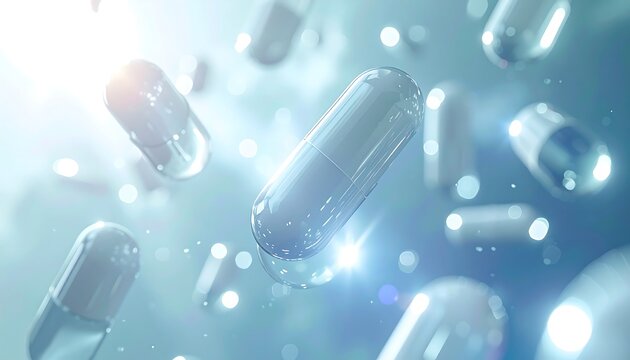 Floating transparent medical capsules in blue background
