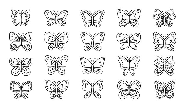 Cute butterfly doodle vector set in black outline coloring book style illustration collection