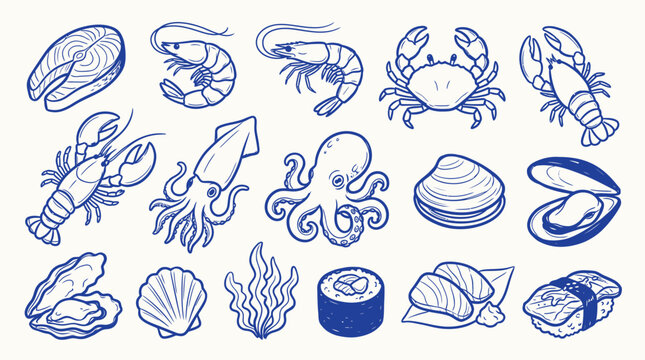A collection of hand-drawn illustrations of various seafood items, including fish, shellfish, and cephalopods, presented in a blue outline style on a light background.